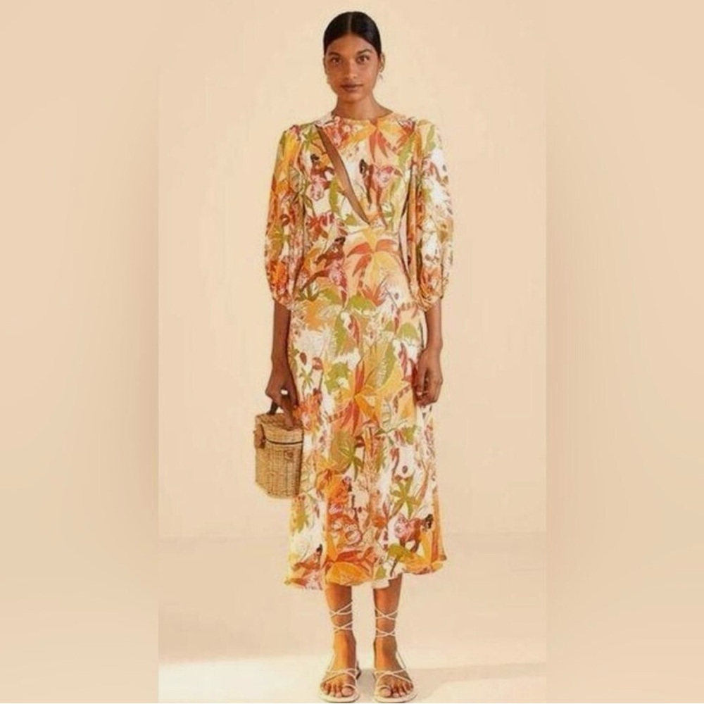 FARM Rio leopard forest sand midi dress S NWT